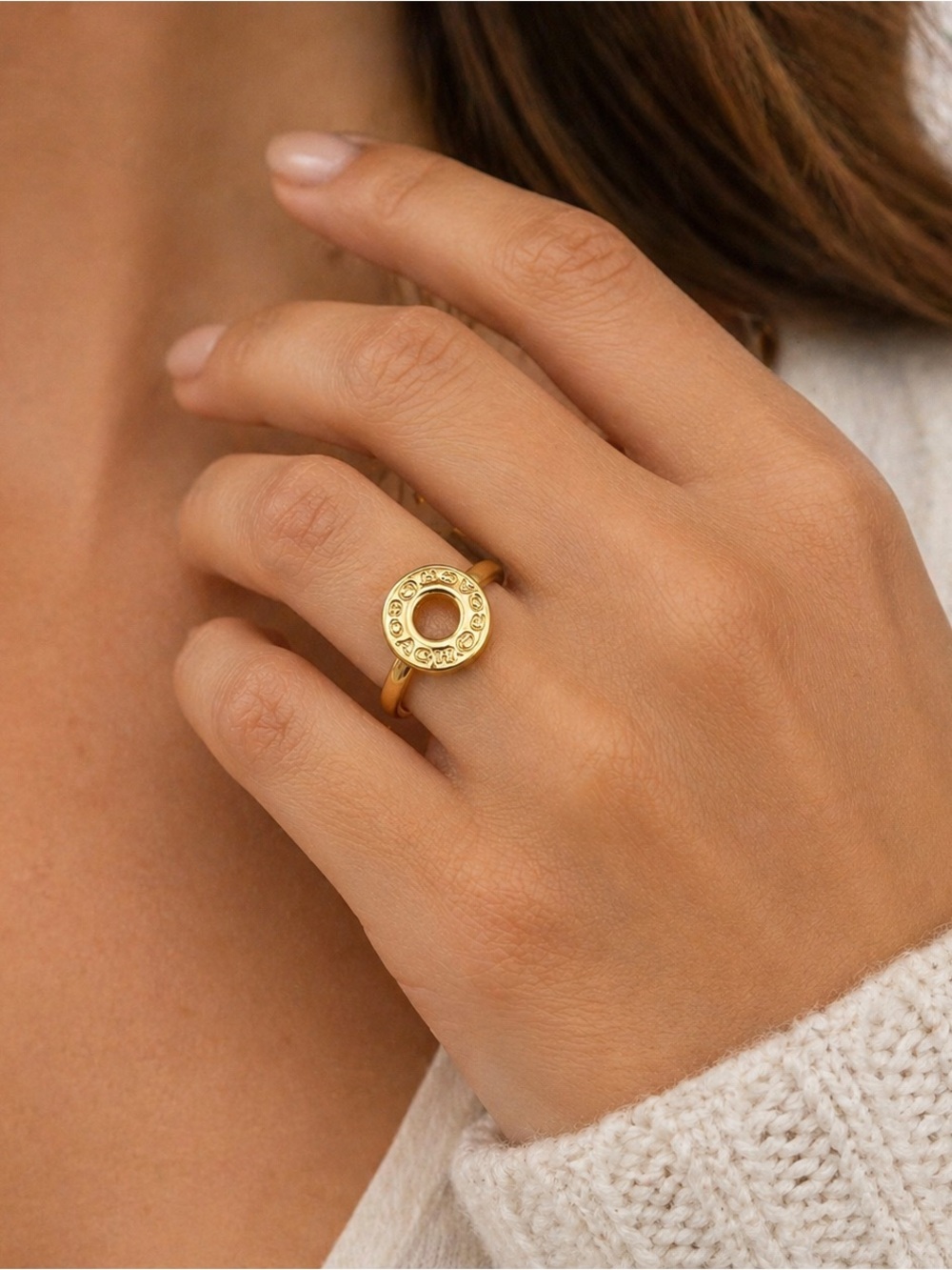 Coach Gold Tone Logo Ring Size 8 Signature Disc Ring Designer Jewelry